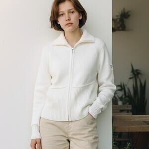 DKNY Y2K Sweater Jacket Womens M Cream Ribbed Full Zip Turtle Neck Classic Retro
